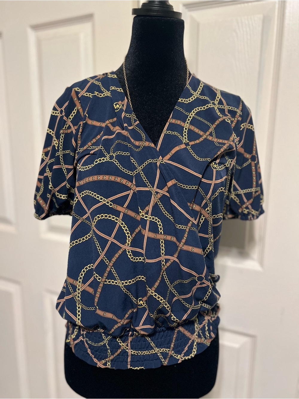 Michael Kors Navy Gold and Brown Chain-Print Wrap Blouse